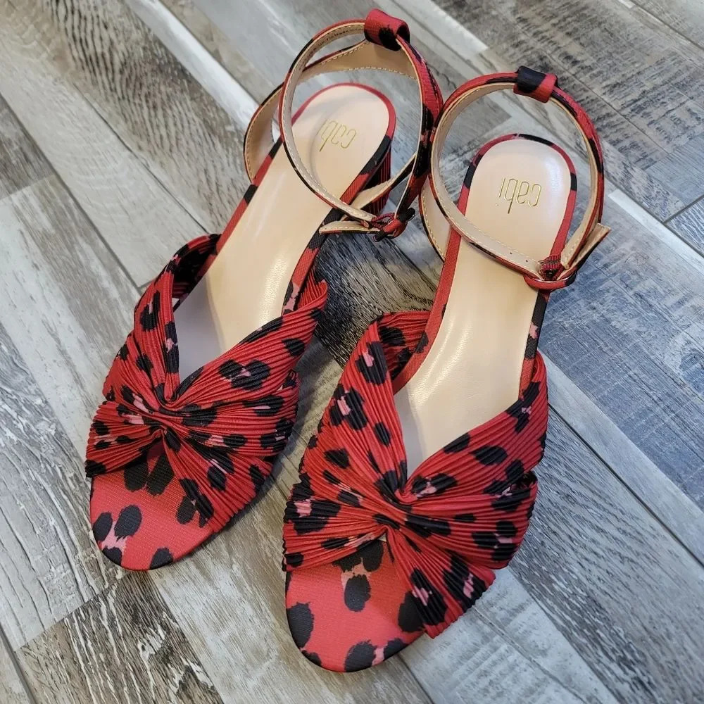 New Cabi Siren Sandals Size 9, red and black animal print, leopard print